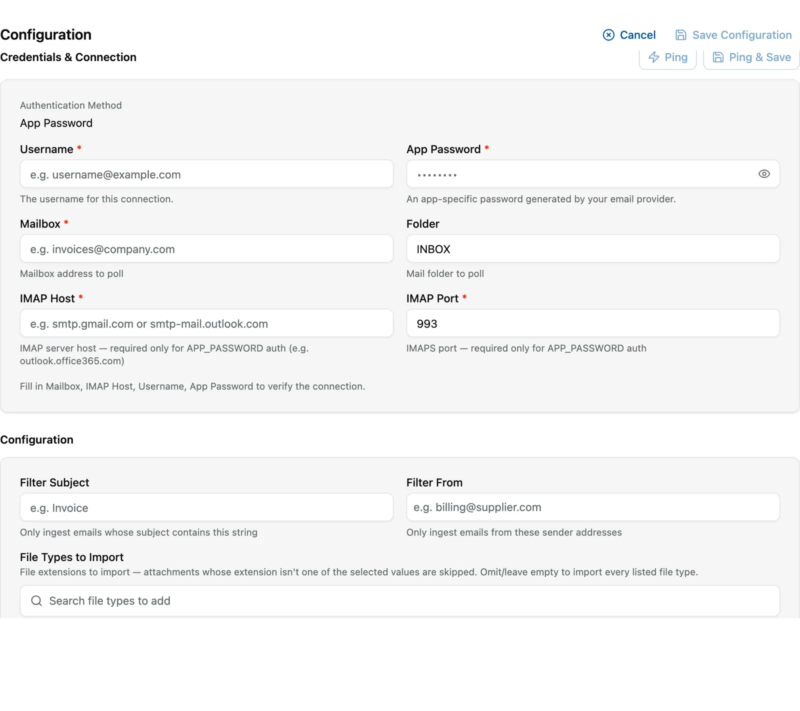 The Configuration tab in edit mode for an email App Password connector, with the credential fields empty and the Ping, Ping and Save, Save Configuration and Cancel actions available.