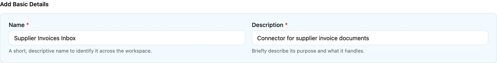 The New Connector page with the Add Basic Details section filled in with a name and description.