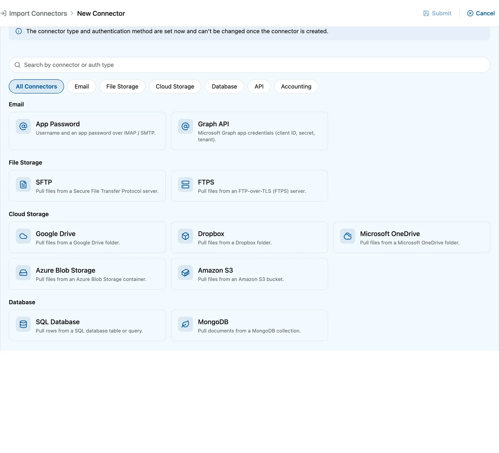 The Select Connector Type picker showing the search field, the group pills, and cards grouped under Email, File Storage, Cloud Storage and Database.
