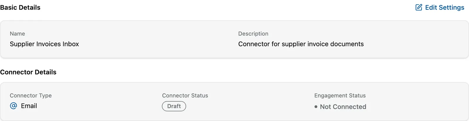 A newly created connector's Overview tab showing Connector Status Draft and Engagement Status Not Connected.