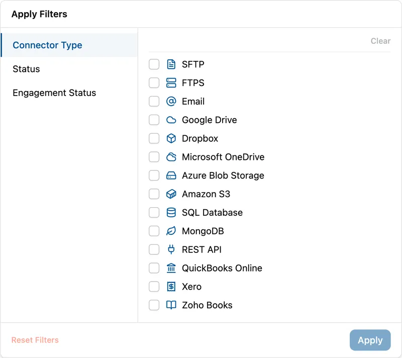 The Filter By panel open over the Import Connectors list, showing its Connector Type, Status and Engagement Status tabs with the type checkboxes listed.